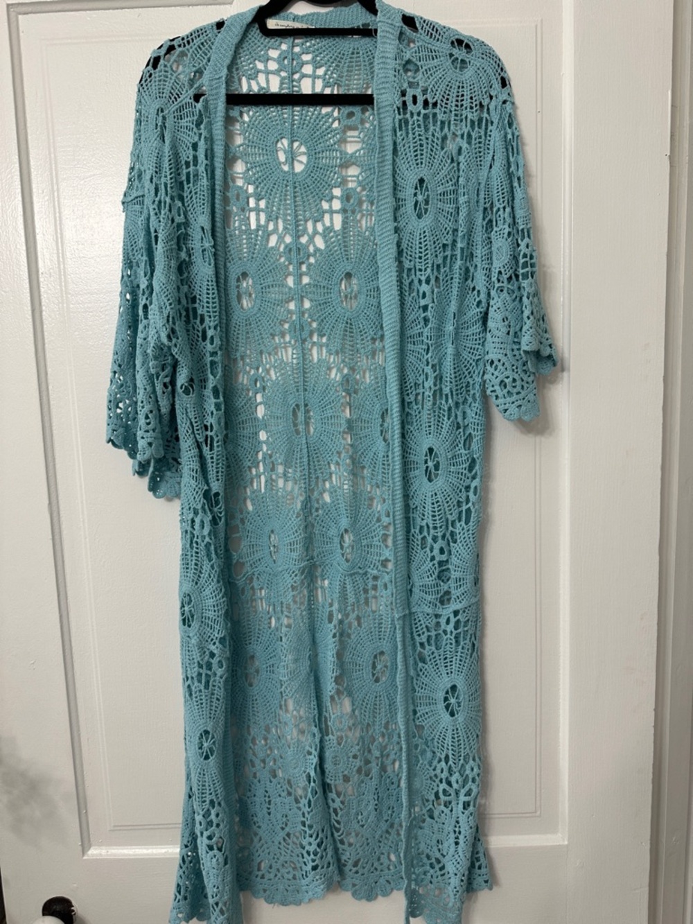 Do everything in love Light Aqua Crochet Kimono